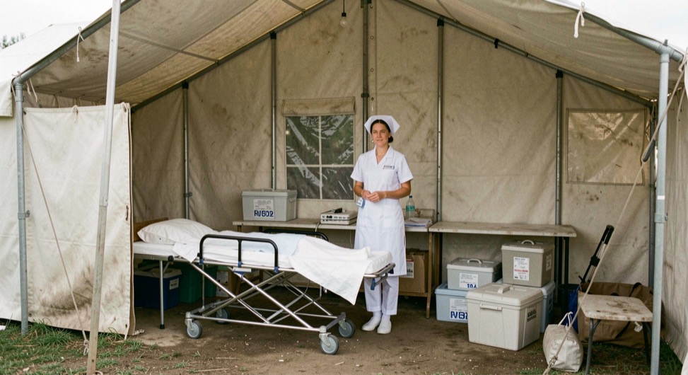Nurse in uniform beside a casualty clearing station tent with stretcher and medical boxes