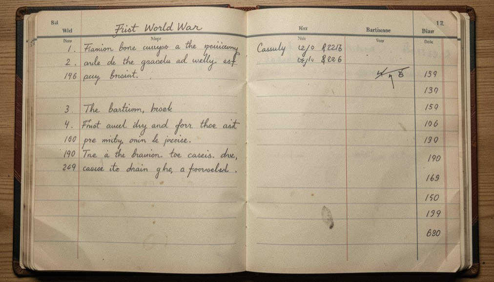 First World War battalion war diary pages with brief handwritten entries and casualty numbers