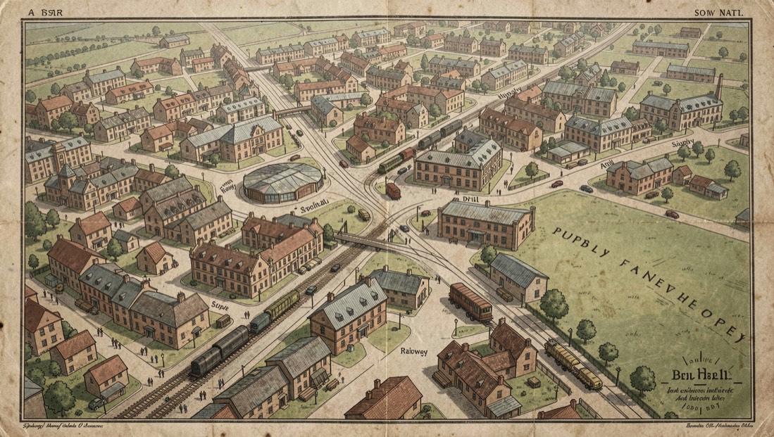 Historic town map marked with hospitals, drill hall, railway and supply buildings