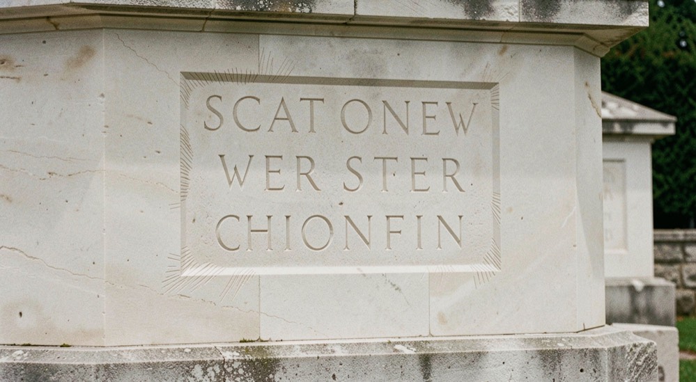 Pale limestone war memorial showing fine chisel marks around carved lettering