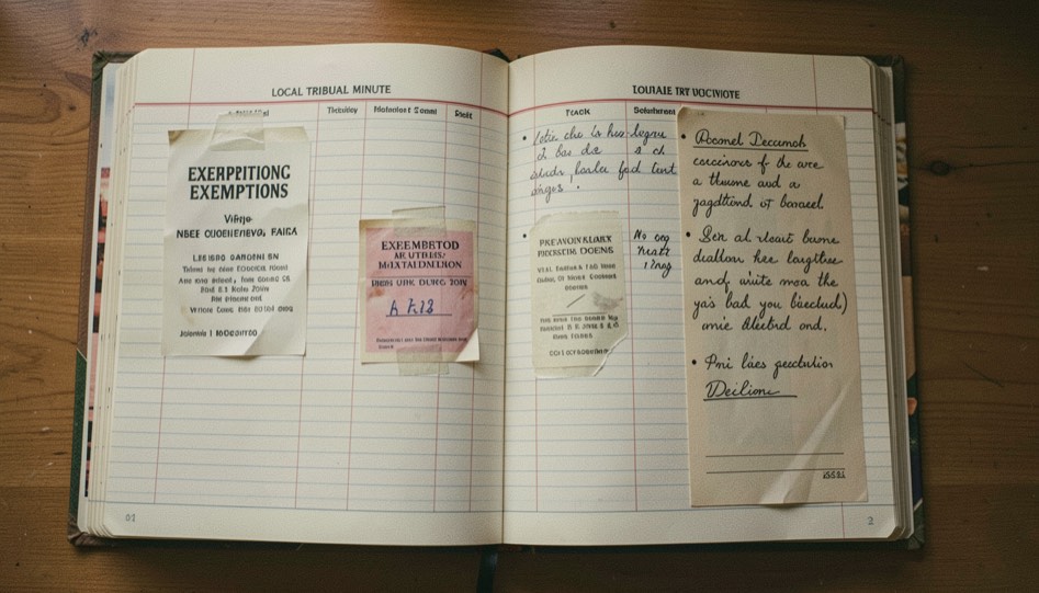 Local tribunal minute book with pasted notices and handwritten decisions about exemptions