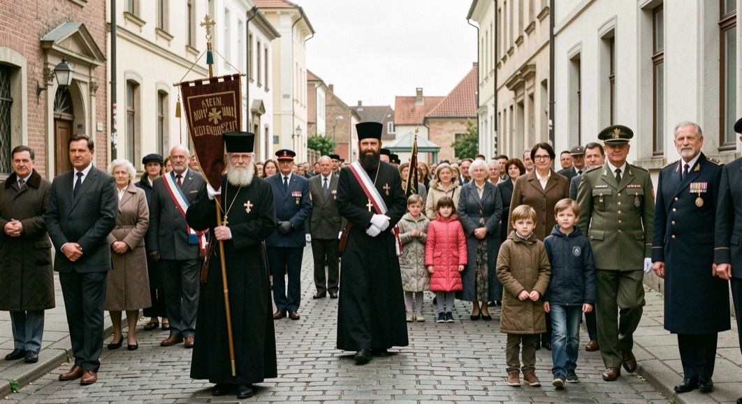 Historic photograph of a memorial procession with clergy, civic officers, relatives and children