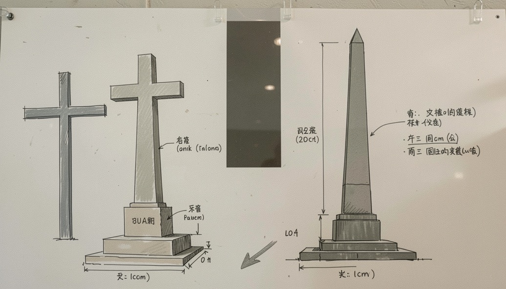 Architectural sketches comparing a memorial cross and a plain obelisk with measurement notes