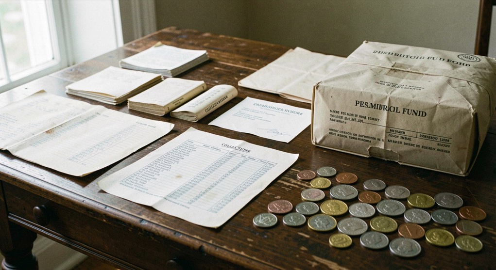 Memorial fund receipts, collection lists and coins arranged on a dark wooden table