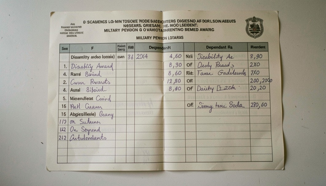 Military pension ledger showing disability awards, dependants and handwritten adjustments
