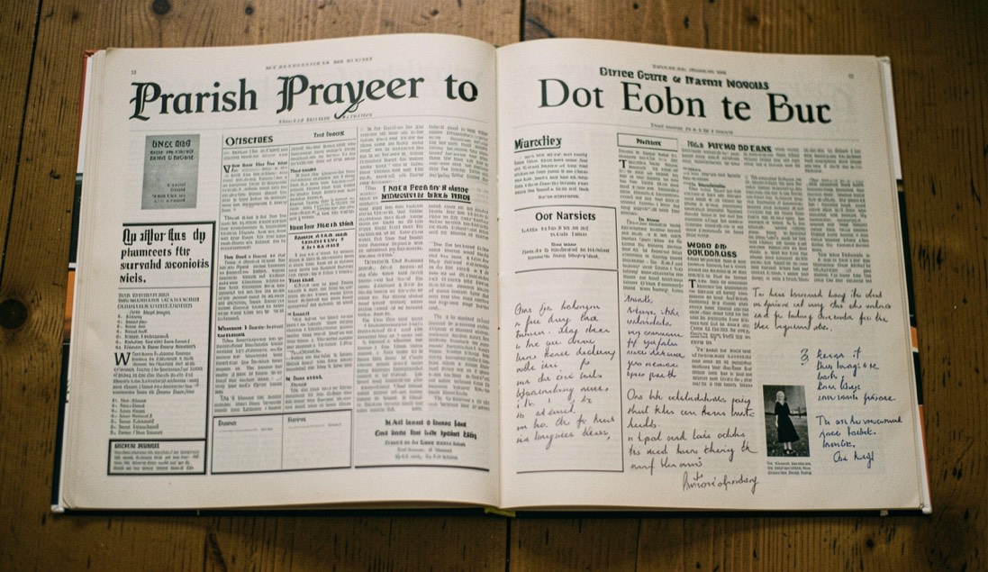 Parish magazine open to prayer lists, wartime notices and handwritten local additions