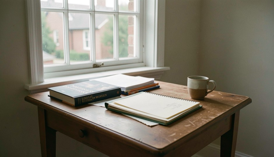 A reading table with local history books, archival folders and a ceramic cup beside a window
