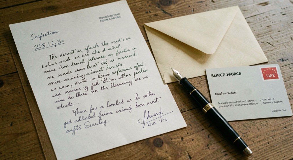 A handwritten correction letter, fountain pen and envelope resting beside a clean source card