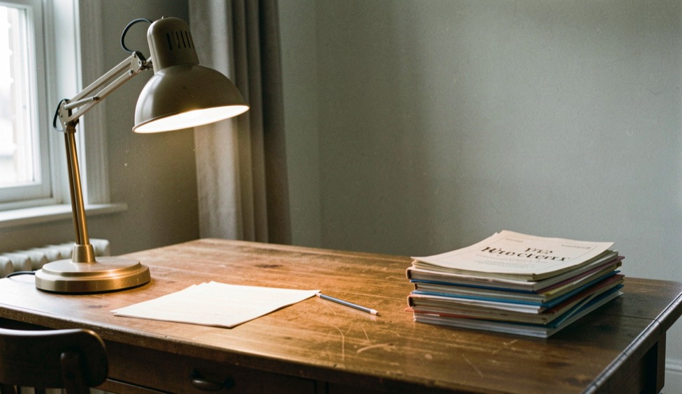 An empty editorial desk with warm lamp, sharpened pencil and stacked local history folders