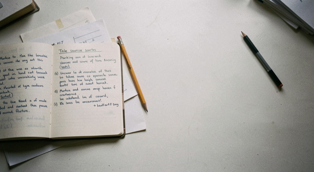 A pencil marking source notes and uncertainty in an open research notebook beside clipped papers