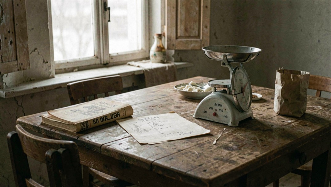 A wartime kitchen table with ration book, shopping list, enamel scales and late afternoon window light