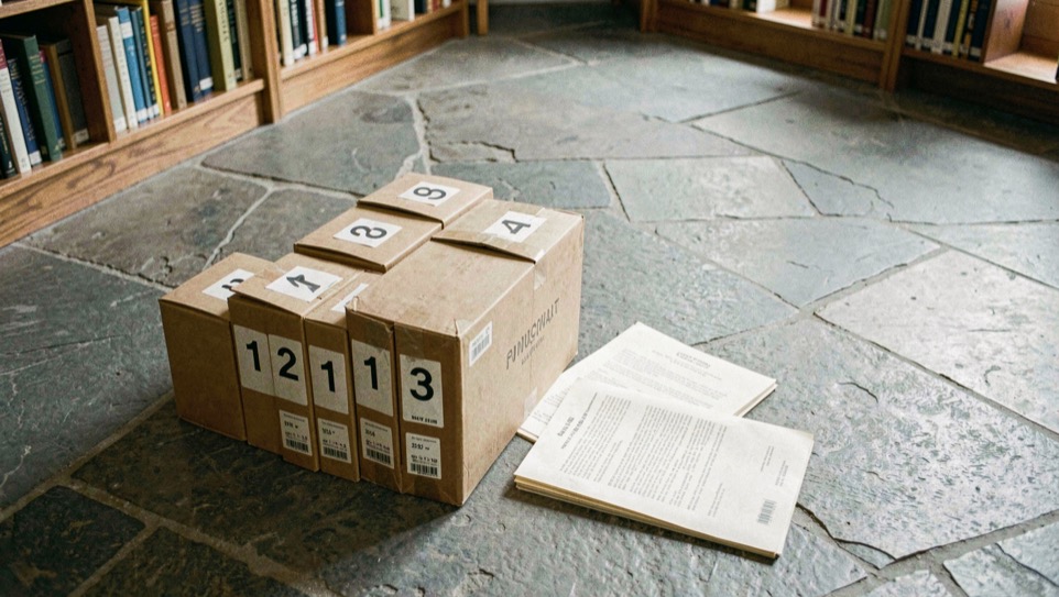 Numbered archival boxes and a paper finding aid on a cool stone library floor