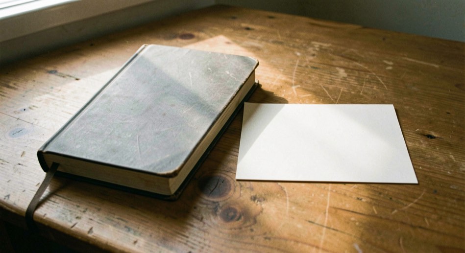 A closed notebook beside a blank index card and soft morning light on a wooden desk