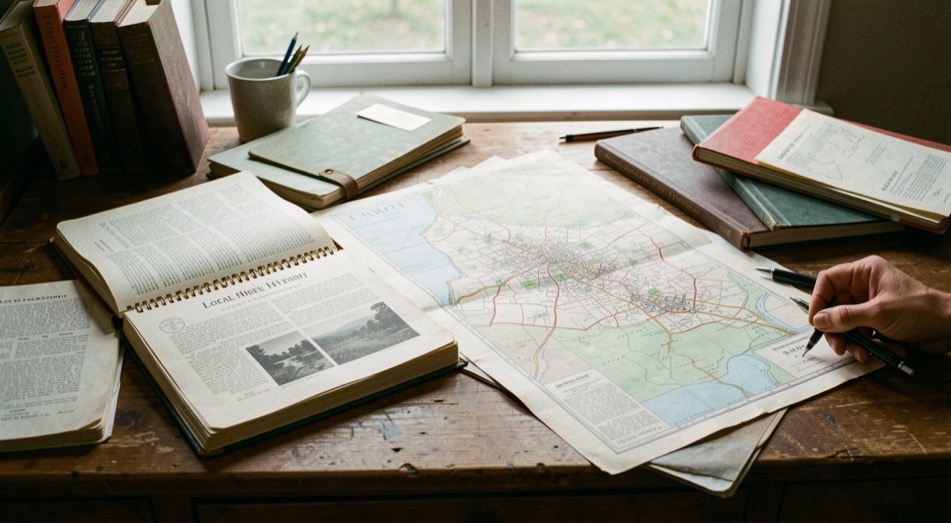 Open local history notebooks, a town map and archival folders spread across a wooden research desk