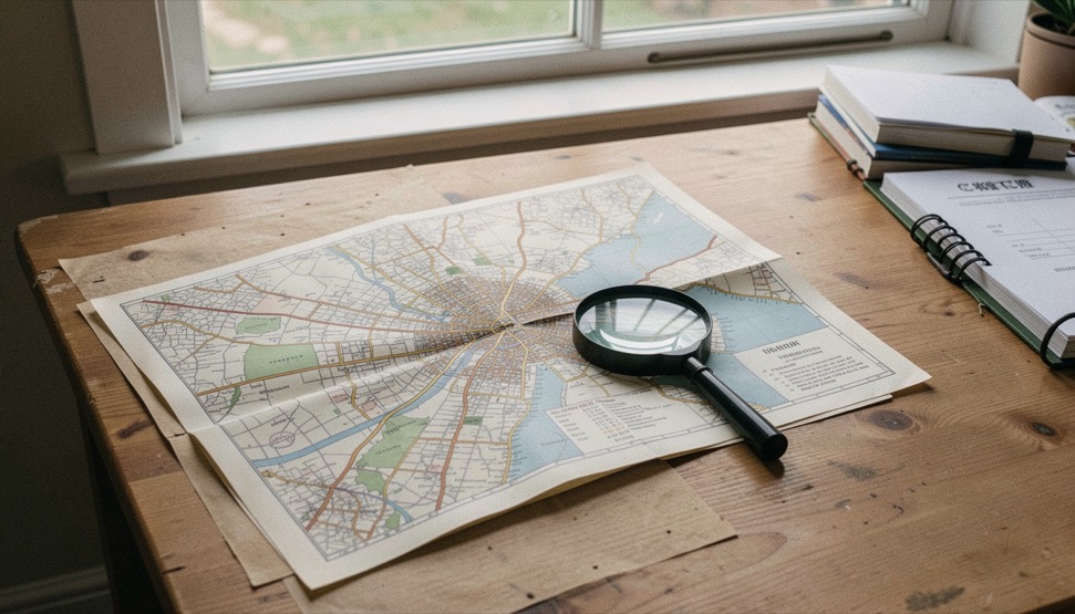 A folded town map, archival file and magnifying glass arranged on a research table