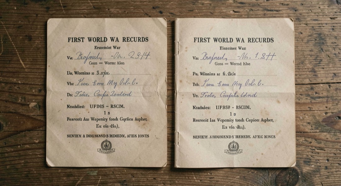 Two First World War service records laid side by side with matching regimental entries