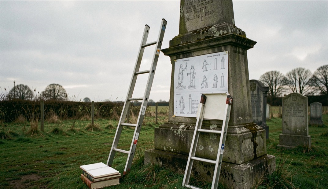 Conservation survey beside a stone war memorial with ladder, notebook and detailed condition drawings