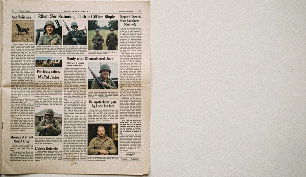 Wartime local newspaper page with columns, small photographs and a soldier report