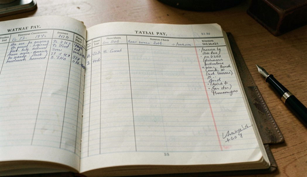 Open wartime pay book with ruled columns and handwritten marginal notes beside a fountain pen