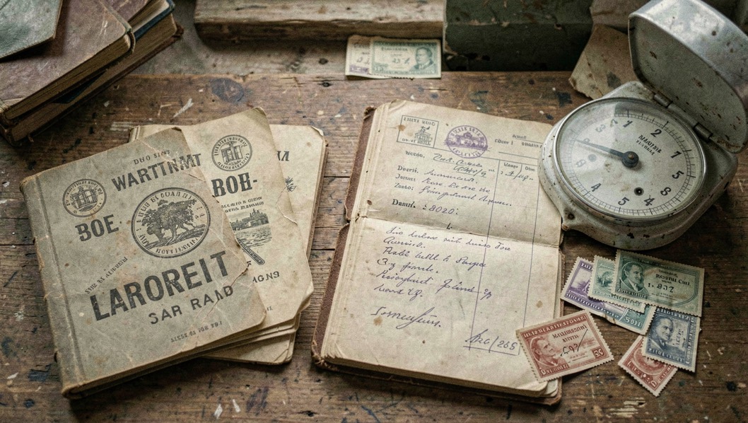 Wartime ration book beside household account book, scales and small paper coupons